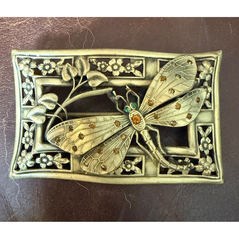 Antique Art Nouveau Sash Pin Dragonfly & Flowers